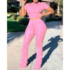 Glitter Short Sleeve Top & Ruched Pants Sets - pink