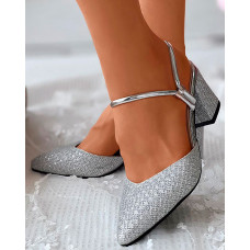 Glitter Slingback Chunky Heels Wedding Guest Shoes - silver