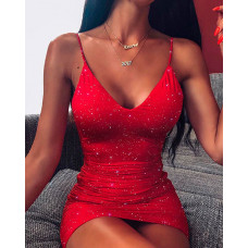 Glitter Spaghetti Strap Bodycon Dress - red