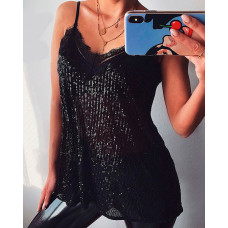 Glitter Spaghetti Strap Eyelash Lace Blouse - black