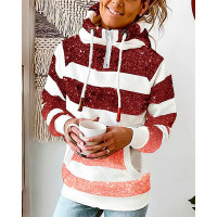 Glitter Striped Ombre Pocket Design Hooded Sweatshirt - red