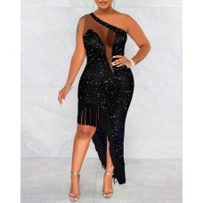 Glitter Tassel Trim Contrast Mesh One Shoulder Party Dress - black