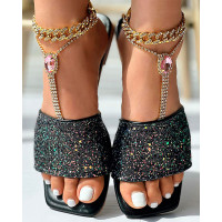 Glitter Wide Strap Square Toe Slippers - black