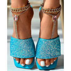 Glitter Wide Strap Square Toe Slippers - blue