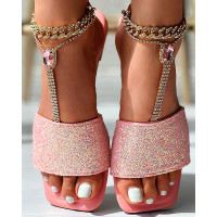 Glitter Wide Strap Square Toe Slippers - pink