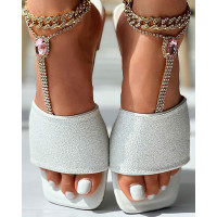 Glitter Wide Strap Square Toe Slippers - white