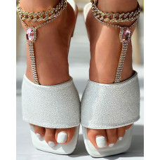 Glitter Wide Strap Square Toe Slippers - white