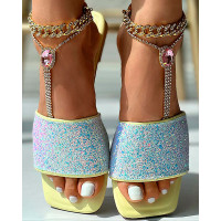 Glitter Wide Strap Square Toe Slippers - yellow