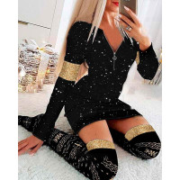 Glitter Zipper Design Long Sleeve Bodycon Dress - black