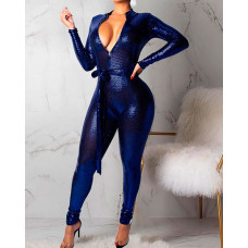 Glittering Plunge Belted Jumpsuit - blue