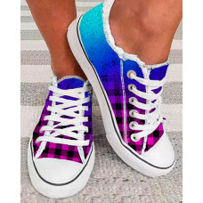 Gradient Plaid Frayed Lace Up Canvas Sneakers - Multicolor