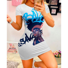 Graffiti Figure & Letter Print Short Sleeve Mini Dress - white