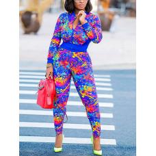 Graffiti Print Zipper Closure Top&Pants Set - Multicolor