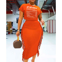 Grandma Letter Print Crop T-shirt & Tassel Design Skirt Set - orange