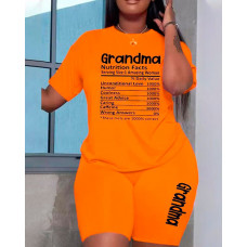 Grandma Letter Print Round Neck Top & Shorts Set - orange