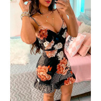 Graphic Floral Print Ruffles Bodycon Dress - black