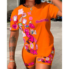 Graphic Letter Pattern Short Sleeve Top & Shorts Set - orange