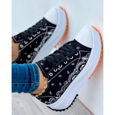 Graphic Pattern Lace-Up Front Sneakers - black