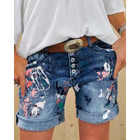 Graphic Print Button Fly Denim Shorts - blue