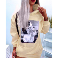 Graphic Print Drop Shoulder Hooded Sweatshirt Dress - Apricot