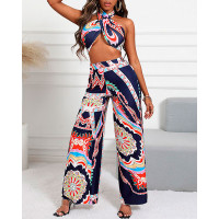 Graphic Print Halter Crop Top & Wide Leg Pants Set - Multicolor