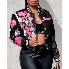 Graphic Print Long Sleeve Bomber Jacket - black