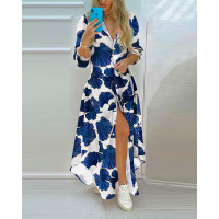 Graphic Print Long Sleeve Button Front Shirt Dress - blue