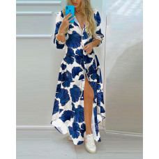 Graphic Print Long Sleeve Button Front Shirt Dress - blue