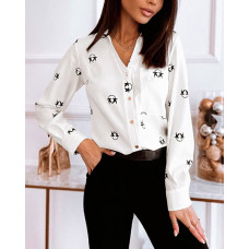 Graphic Print Long Sleeve Button Front Shirt - white