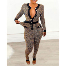 Graphic Print Long Sleeve Buttoned Jumpsuit - black