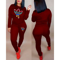 Graphic Print Long Sleeve Top & Pants Set - Wine red