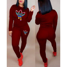 Graphic Print Long Sleeve Top & Pants Set - Wine red