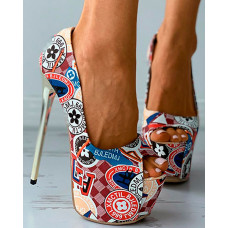 Graphic Print Peep Toe Platform Stiletto Heels - Multicolor