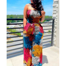 Graphic Print Shirred Bandeau Jumpsuit - Multicolor