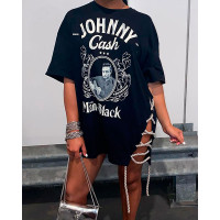 Graphic Print Side Lace-up Slit T-shirt - black