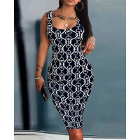 Graphic Print Spaghetti Strap Bodycon Dress - black