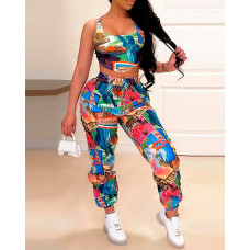 Graphic Print Thick Strap Top & Drawstring Pants Set - blue