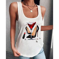 Graphic Print U Neck Casual Top - white