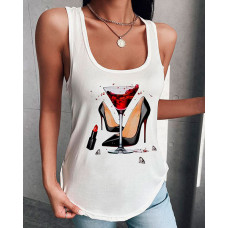 Graphic Print U Neck Casual Top - white