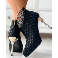 Graphic Rhinestone Decor Stiletto Heel Ankle Boots - black