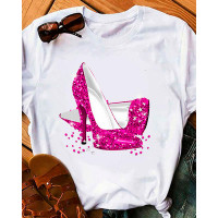 Graphic Sequin Heels Print Crew Neck Casual T-shirt - white