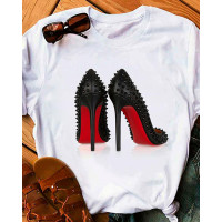 Graphic Studded Heels Print Crew Neck Casual T-shirt - white