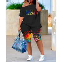 Grateful Thankful Blessed Ink Splash Print Top & Shorts Set - black