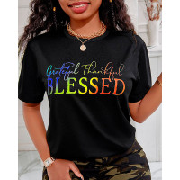 Grateful Thankful Blessed Ombre Letter Print Casual T-shirt - black