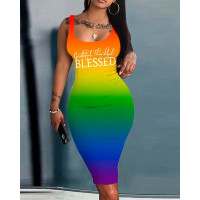 Grateful Thankful Print Ombre Sleeveless Bodycon Dress - Multicolor