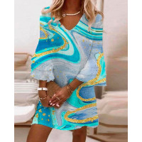 Green Marble Print Bell Sleeve Casual Dress - blue