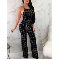 Grid Crisscross Back Tied Waist Flared Jumpsuit - black