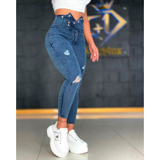 Grommet Eyelet Decor Ripped High Waist Jeans - blue