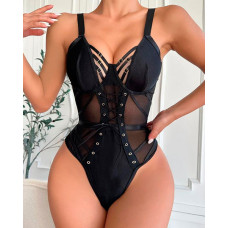 Grommet Eyelet Lace-up Backless Sheer Mesh Teddy - black