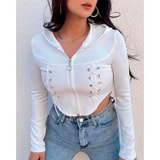 Grommet Eyelet Lace-up Crop Hoodie - white